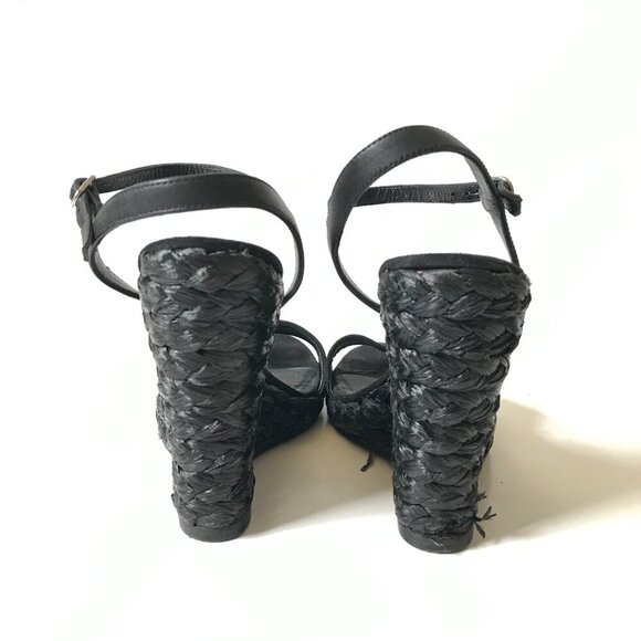 Barneys New York Fania Wedge Sandals Womens 38 8 Black Leather Espadrille Shoes - Picture 7 of 8